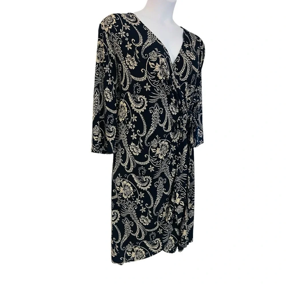⭐️Moci Purple Rain Navy Jersey Knit Floral Wrap Office Casual Date Night Dress - Picture 3 of 15